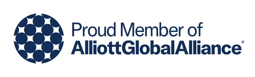 The image features the logo for Alliott Global Alliance alongside the text "Proud Member of Alliott Global Alliance" in dark blue. The logo, a circular design composed of inward-facing arrows, creates an intricate pattern.