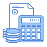 An illustration featuring a calculator, a stack of coins, and a document with a dollar sign, symbolizing outsourced accounting. The image uses a blue color scheme and represents financial calculations and record-keeping for accounting services.