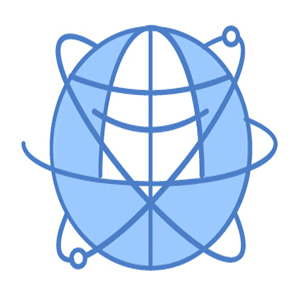 A blue and white icon depicting a globe with simplified latitude and longitude lines. Surrounding the globe are three orbital paths, each with a small dot, symbolizing outsourced accounting connections.