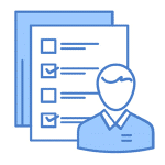 An illustration of a person icon standing in front of two documents with checkboxes. Three of the checkboxes are checked, indicating completed tasks or items. The illustration, in shades of blue, suggests concepts related to tasks and outsourced accounting services or completion.