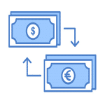 A simple illustration shows two stacks of currency: one with a dollar sign ($) and the other with a euro sign (€). Arrows point between them, indicating currency exchange or conversion. The image, in shades of blue, subtly hints at outsourced accounting services for seamless financial management.