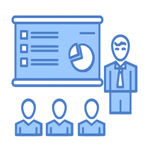 A blue icon showing a person in a suit and tie presenting to an audience. The presenter stands next to a screen displaying charts and bullet points, illustrating outsourced accounting services. Three audience members are depicted seated in front.