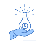 A blue-drawn hand is shown holding a money bag with a dollar sign on it, symbolizing outsourced accounting services. The money bag has rays emanating from the top, suggesting wealth or value. The illustration is simple and minimalist on a white background.