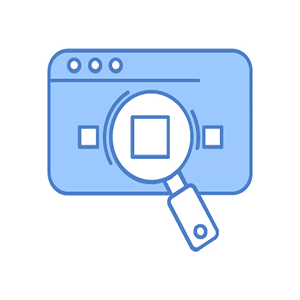A blue icon depicting a web browser window with a magnifying glass overlaying it. The magnifying glass is positioned over a square in the center of the browser window, suggesting a search or zoom-in function—ideal for outsourced accounting services looking to streamline financial tracking and analysis.