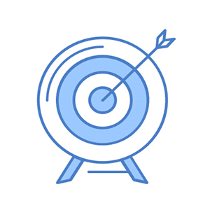 An illustration of a target with an arrow hitting the bullseye, symbolizing precision in outsourced accounting. The target consists of concentric circles, and the arrow is positioned precisely in the center circle. The illustration is created with shades of blue and has a clean, simple design.