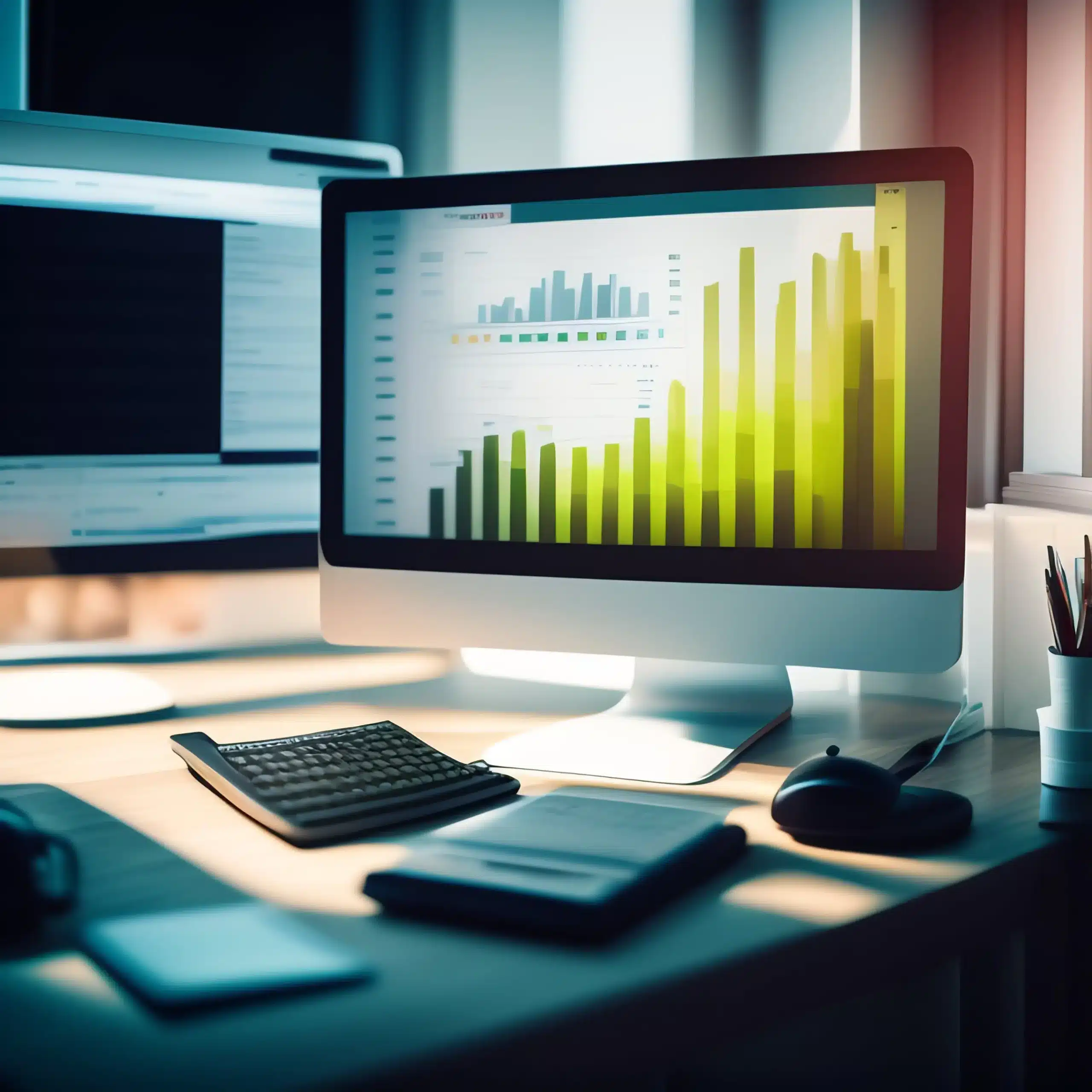 A desktop computer displaying a bar graph with green and yellow bars on the screen, showcasing accounting software, sits on a wooden desk. The desk also has a keyboard, mouse, notepad, and pen holder. Another monitor displaying a dark interface is in the background.