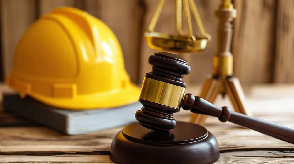 A judge's gavel rests on a wooden table next to a yellow construction helmet and a set of balanced scales in the background, symbolizing the intersection of law and construction or labor regulations, particularly in cases involving termination of employment.