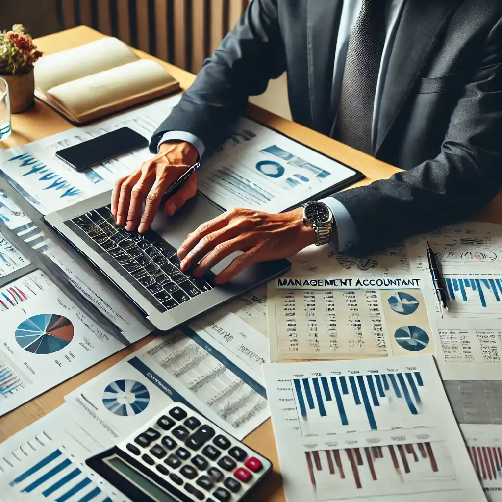 Man in a suit tapping on a laptop with lots of accounting papaers What can Management Accounting Do For Your Business? | AO 2024