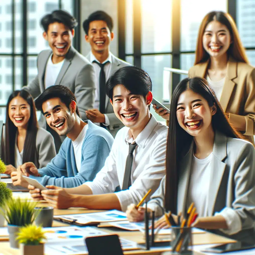 How Outsourcing Payroll Services Can Help SMEs Grow Faster in Thailand 1 happy-Asian-employees-working-together.-The-employees-are-engaged-smiling-and-collaborating-at-work- Outsourcing Payroll Services