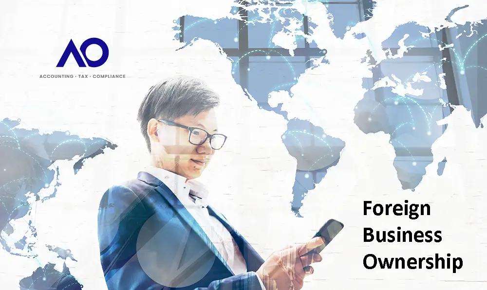 Foreign Business Ownership Asian man reading his phone with backdrop of the world