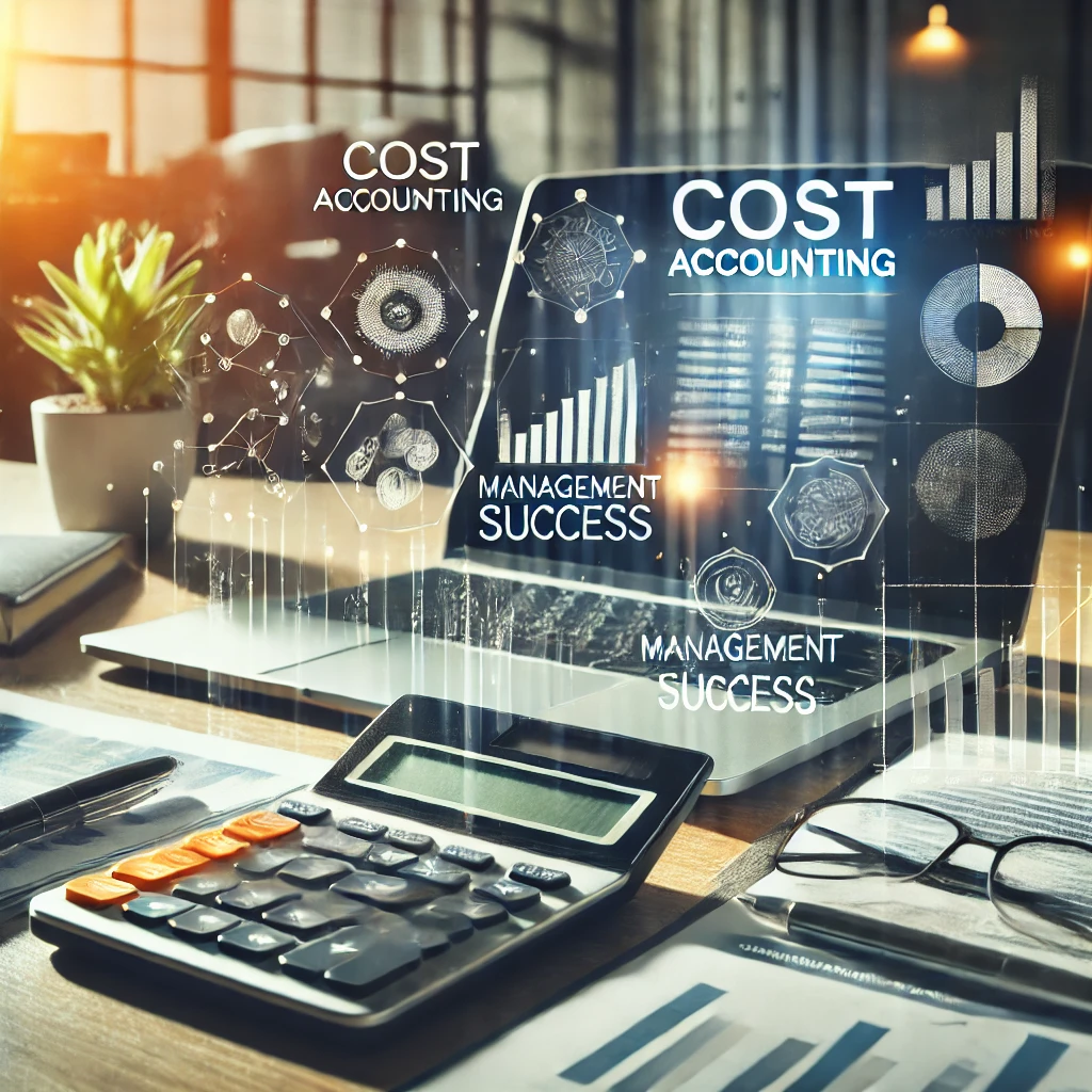 Cost Accounting Methods Laptop showing the words cost accounting with a calculator in front
