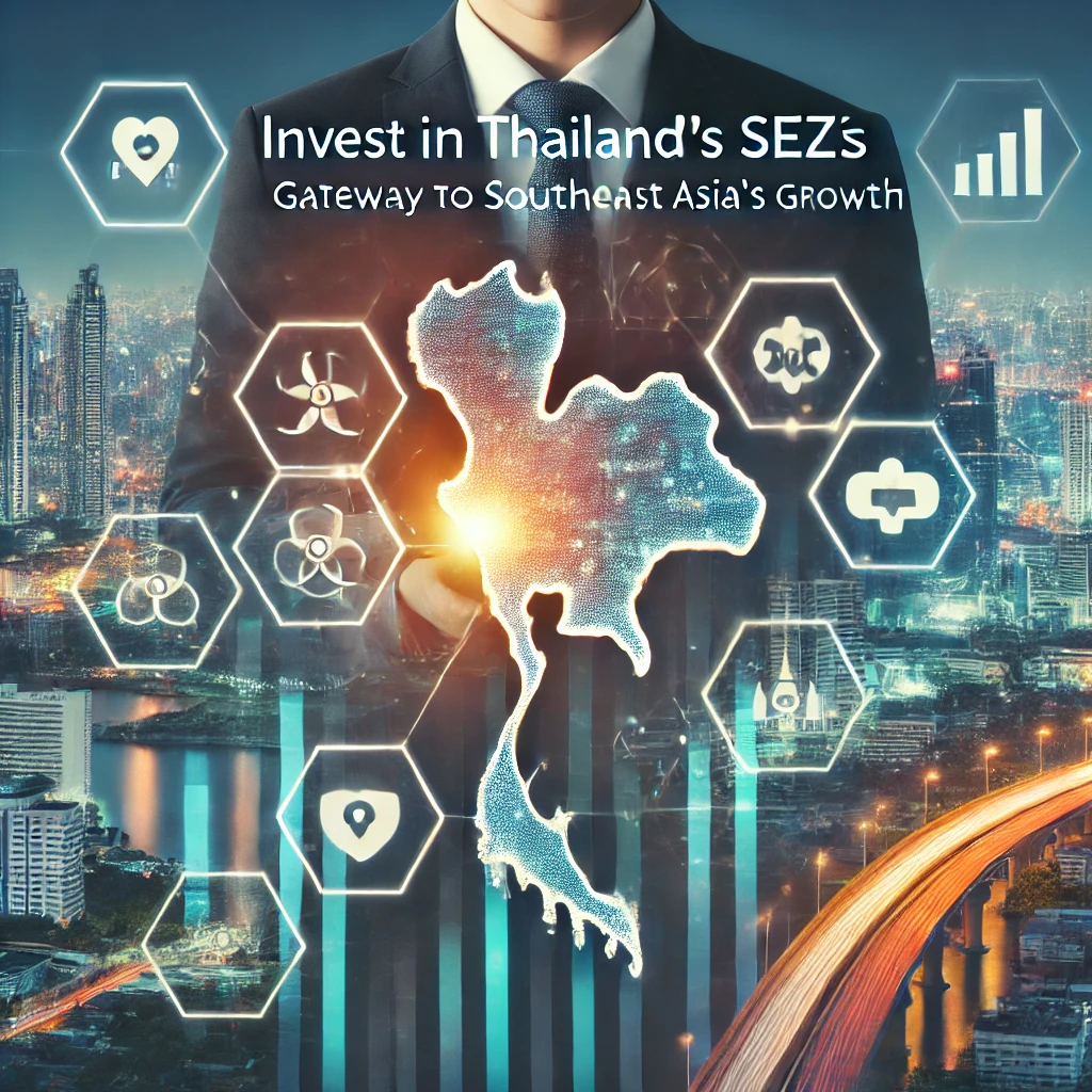 Ai Image of Tax Incentives from SEZ man in black business suit with blue tie and map of Thailand