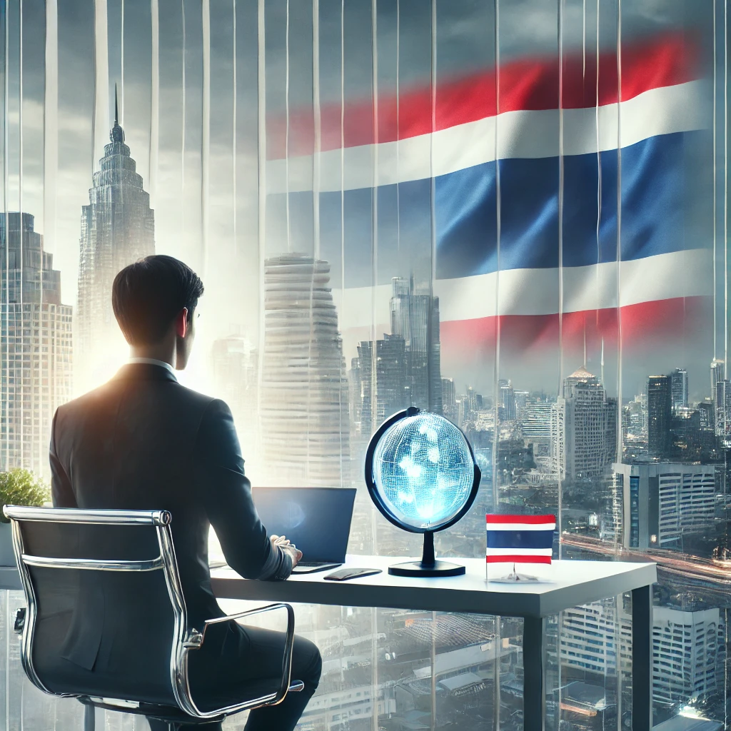 AI Image of Thailand LTR Visa, business man sitting down at a desk with Thai Flag Backdrop and globe