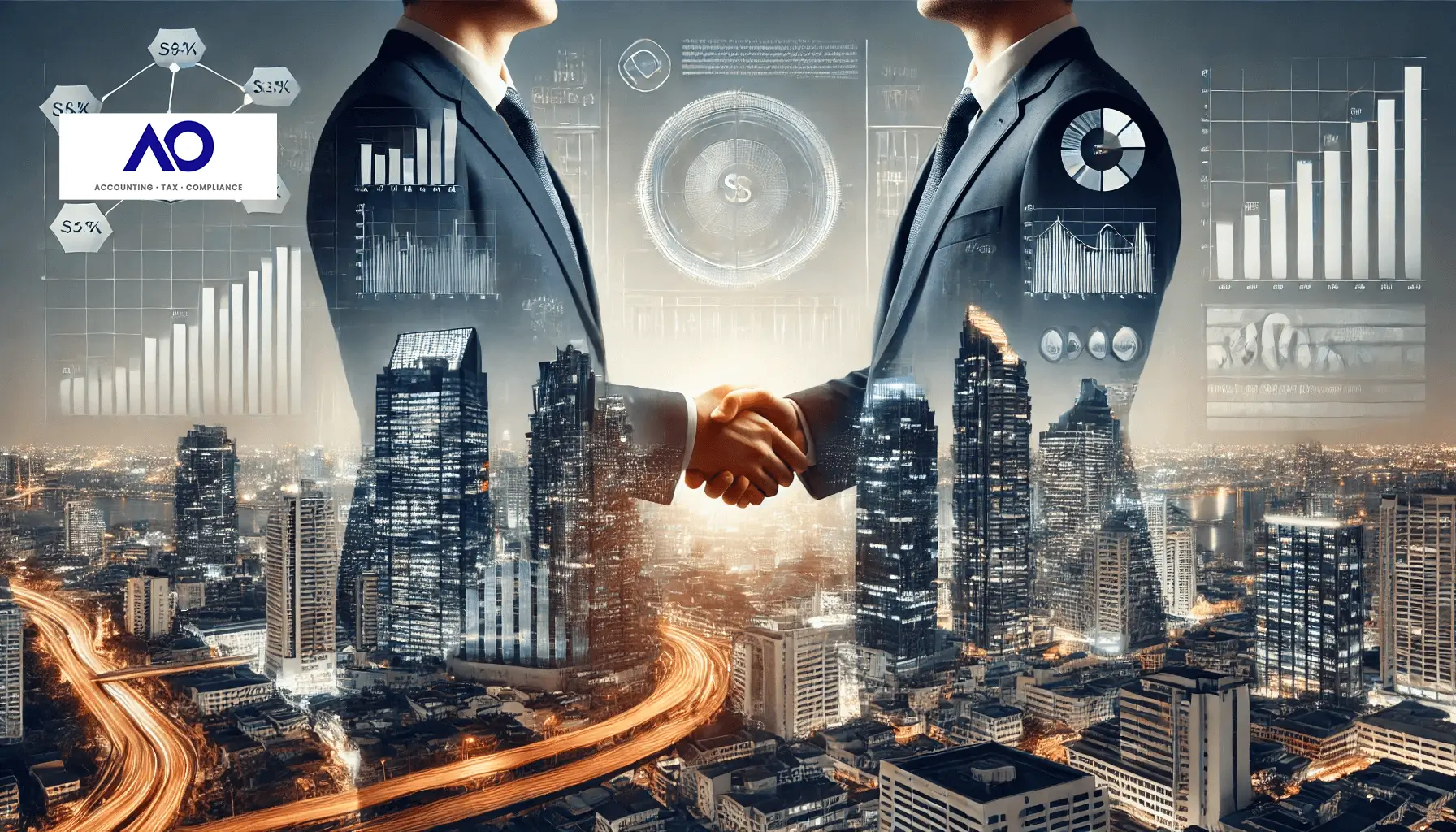 Ai Image of two business men shaking hands amongst a backdrop of Bangkok evening skyline