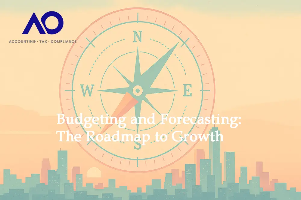 Budgeting and Forecasting a compass over a city background